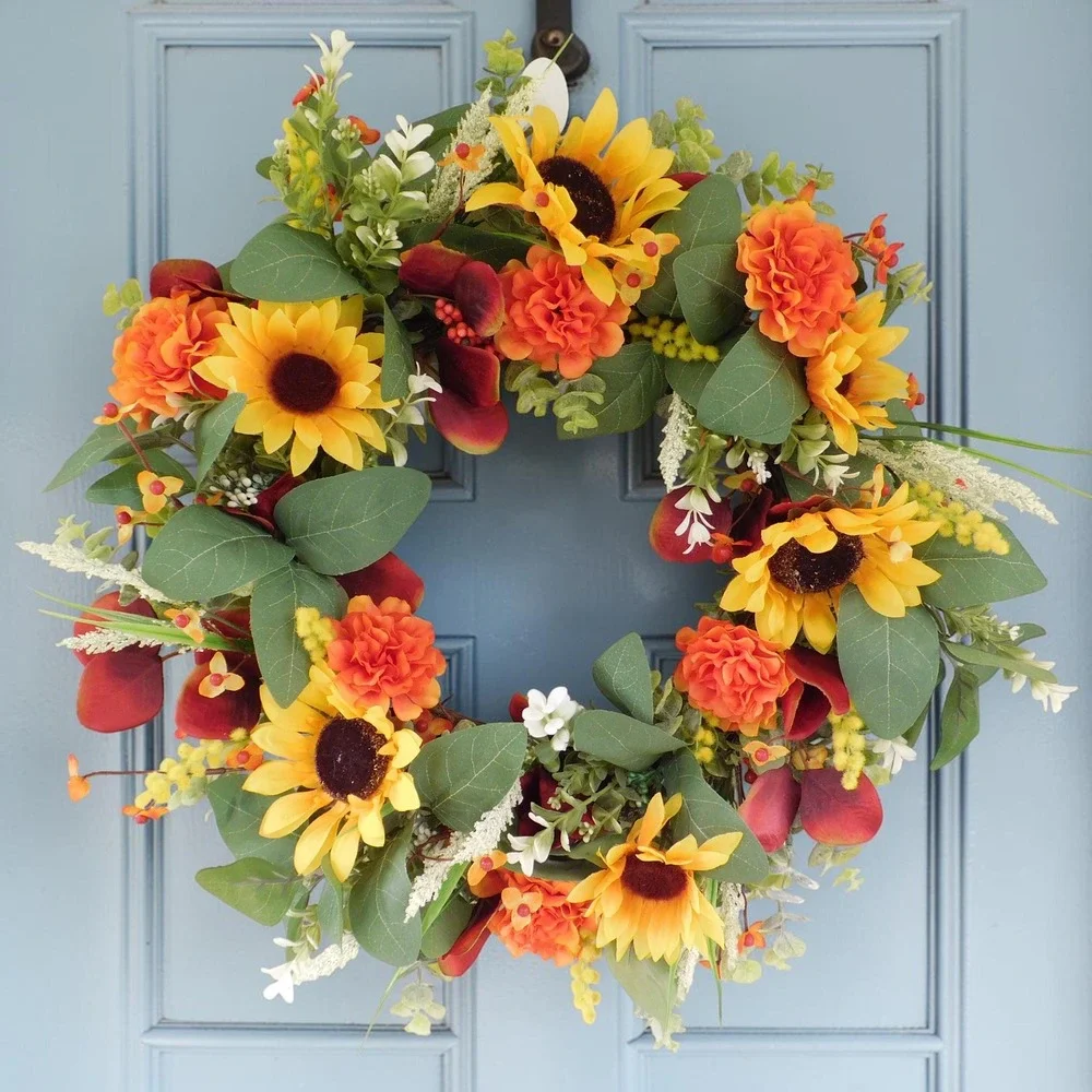 Colorful Sunflower Wreath for Front Door  Late Summer and Fall Bright Vibrant